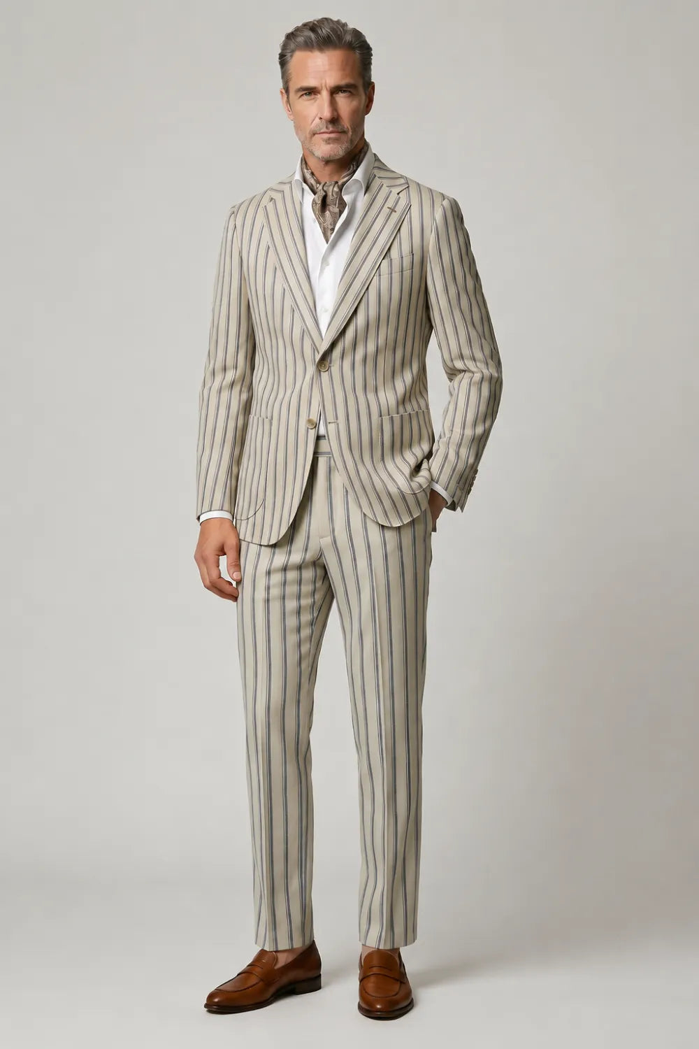 MANSSINO™ | Men's Ivory Striped Wide Notch Lapel 3-Piece Suit