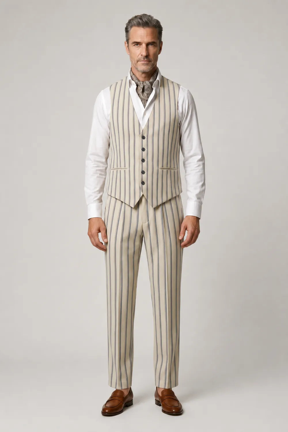 MANSSINO™ | Men's Ivory Striped Wide Notch Lapel 3-Piece Suit