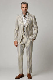 MANSSINO™ | Men's Ivory Striped Wide Notch Lapel 3-Piece Suit
