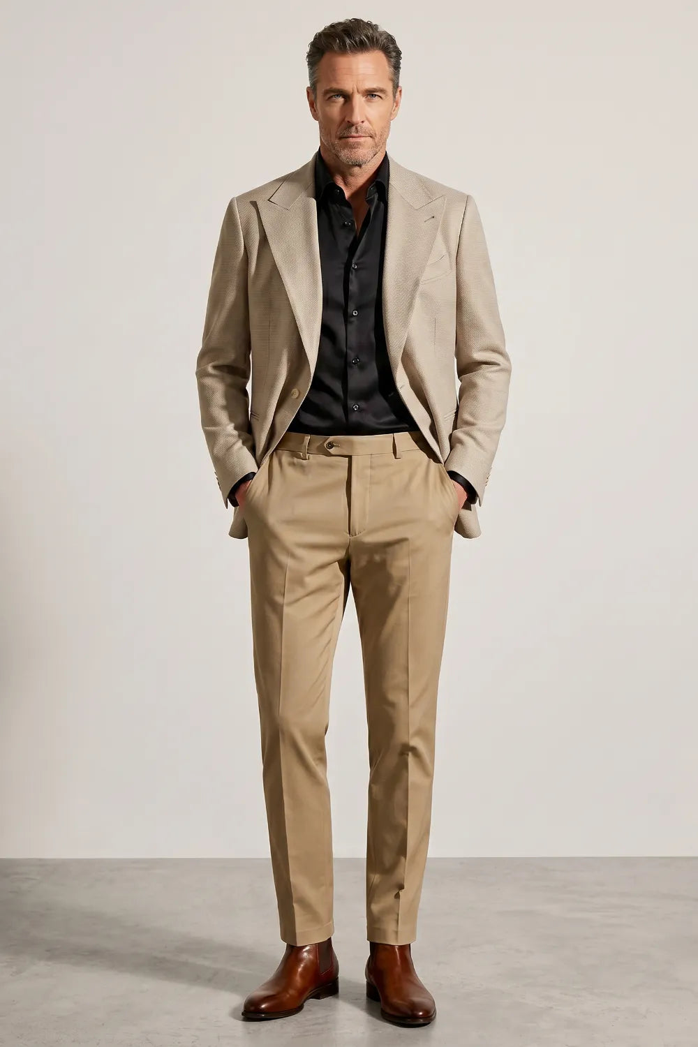 MANSSINO™ | Men's Beige Textured Peak Lapel 2-Piece Suit