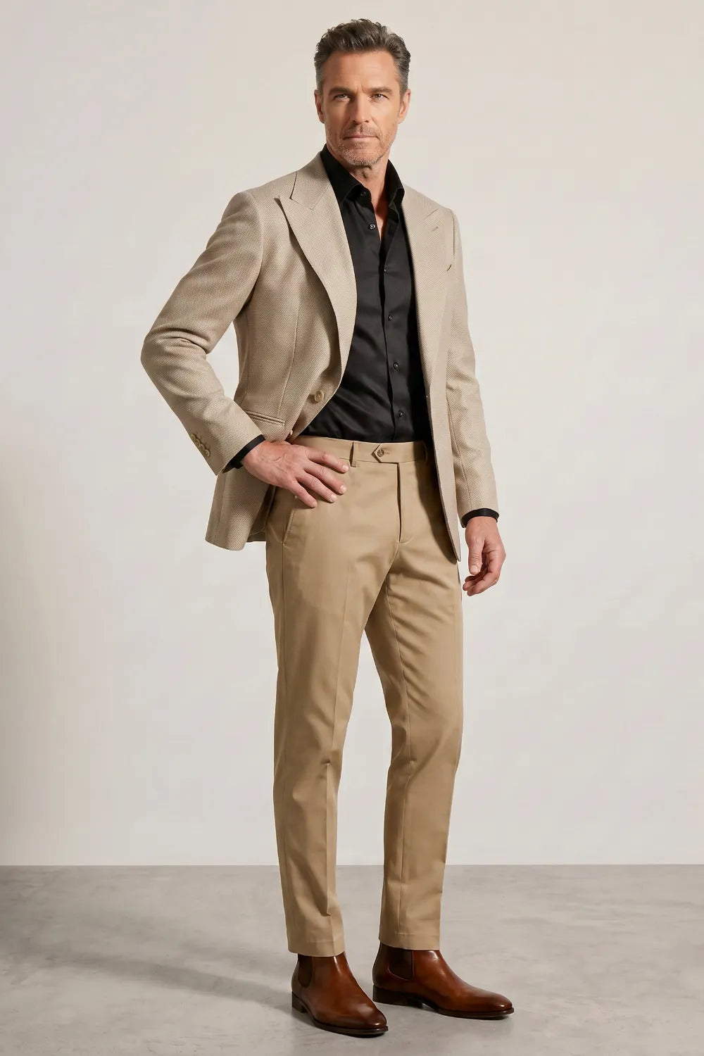 MANSSINO™ | Men's Beige Textured Peak Lapel 2-Piece Suit