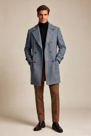 MANSSINO™ | Men's Slate Blue Herringbone Double Breasted Overcoat
