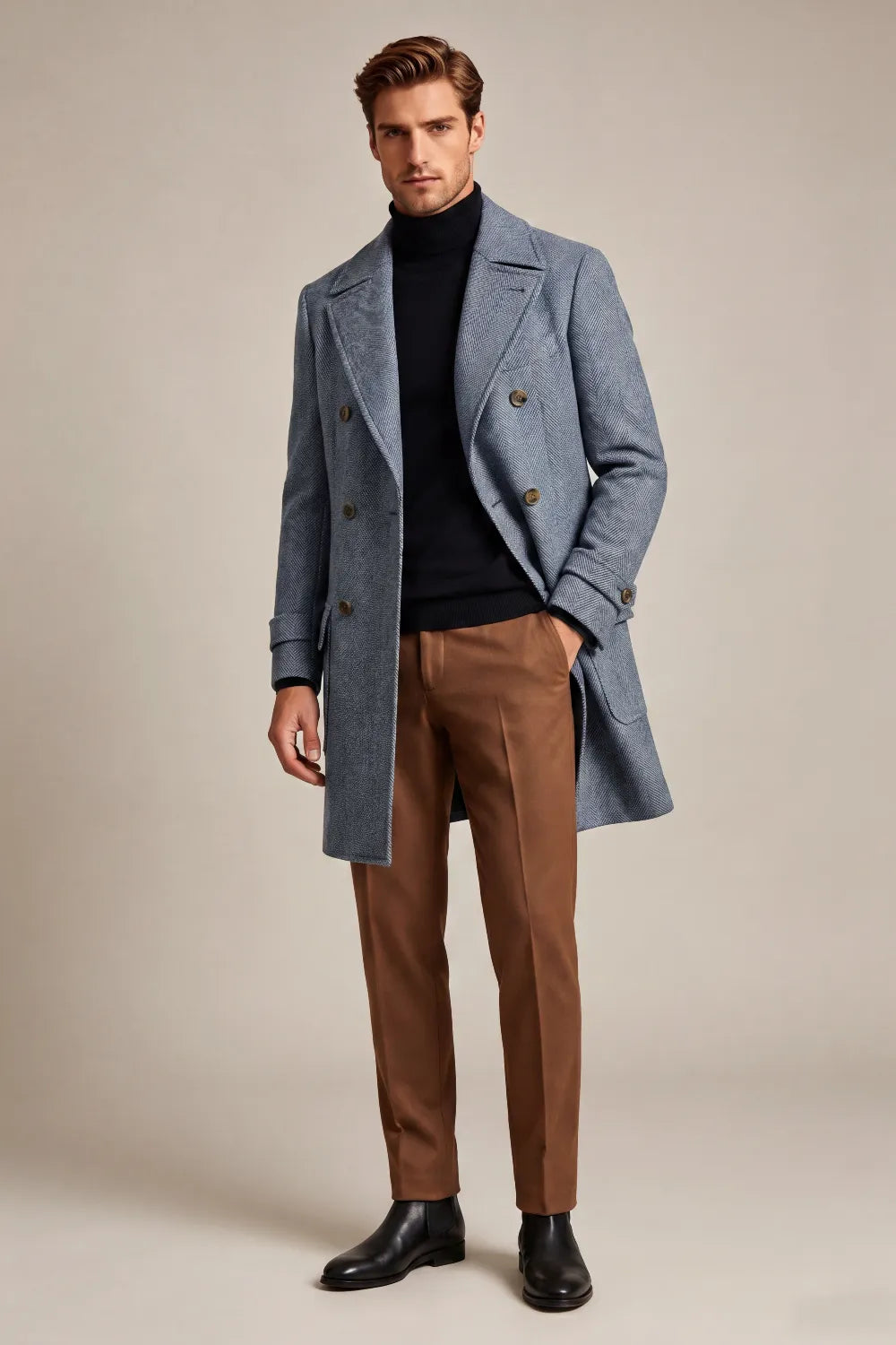 MANSSINO™ | Men's Slate Blue Herringbone Double Breasted Overcoat