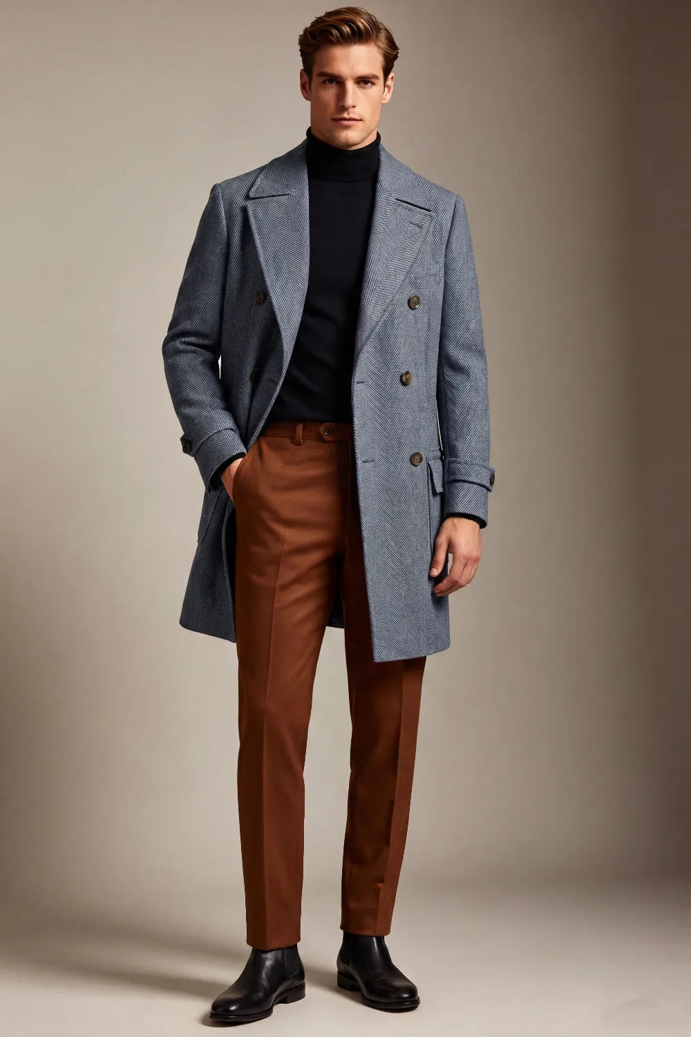 MANSSINO™ | Men's Slate Blue Herringbone Double Breasted Overcoat