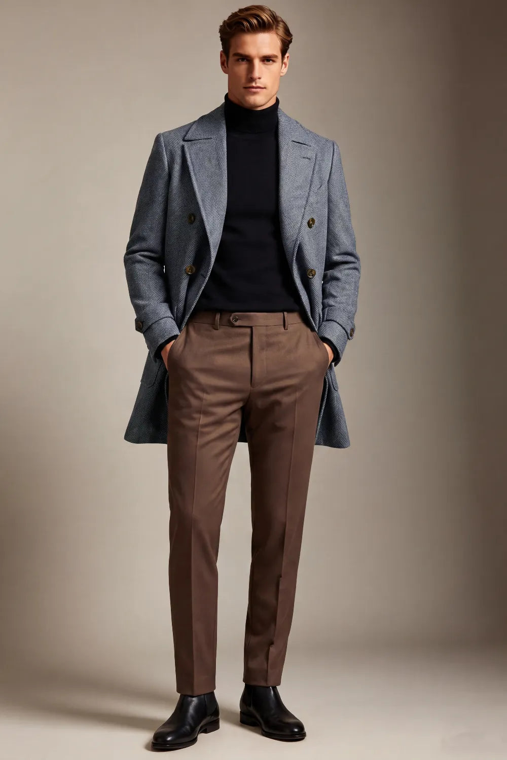 MANSSINO™ | Men's Slate Blue Herringbone Double Breasted Overcoat