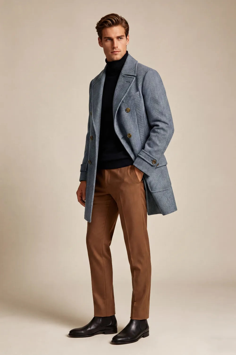 MANSSINO™ | Men's Slate Blue Herringbone Double Breasted Overcoat