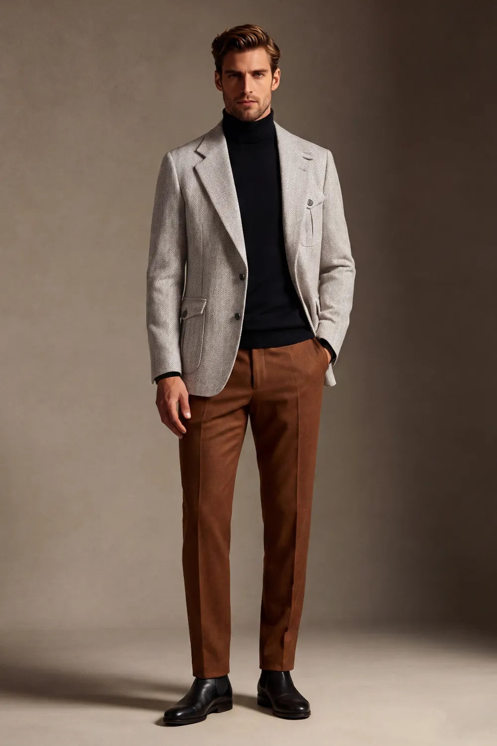 MANSSINO™ | Men's Beige Herringbone Single Breasted 2 Piece Suit