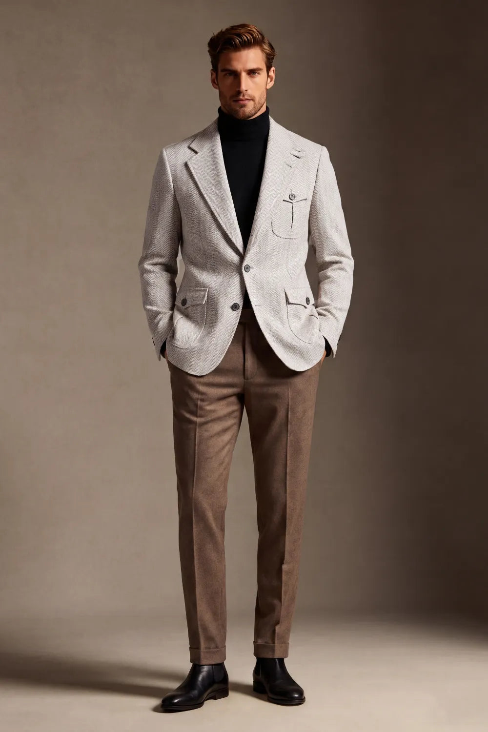 MANSSINO™ | Men's Beige Herringbone Single Breasted 2 Piece Suit