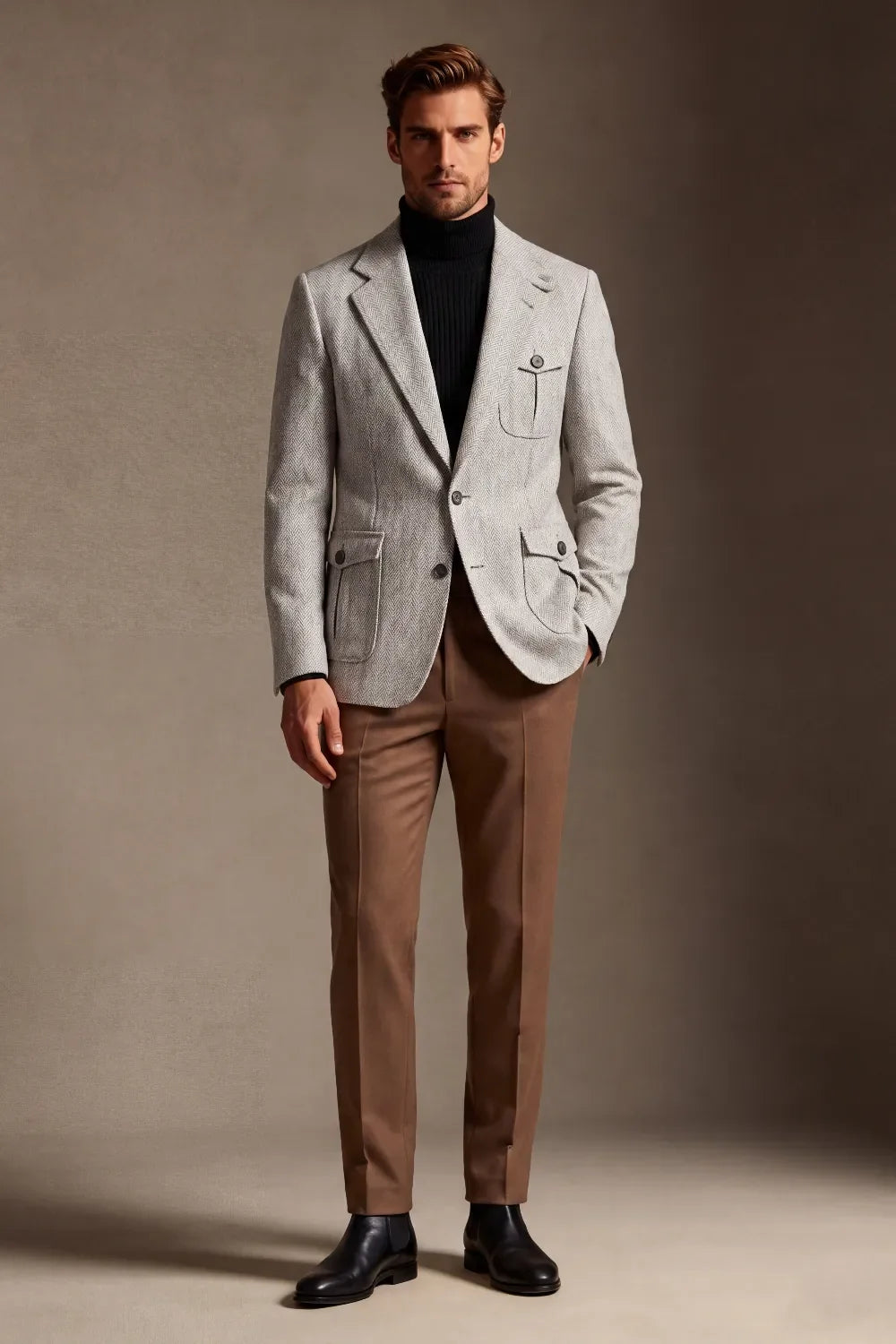 MANSSINO™ | Men's Beige Herringbone Single Breasted 2 Piece Suit