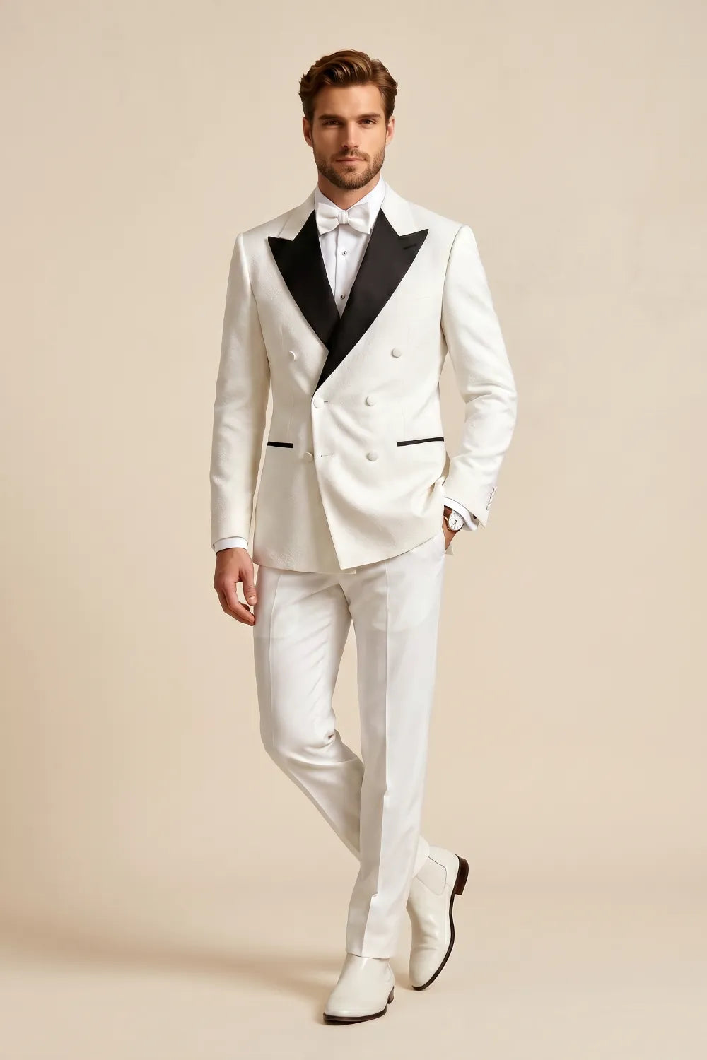 MANSSINO™ | Men's Black And White Double Breasted Peak Lapel Tuxedo