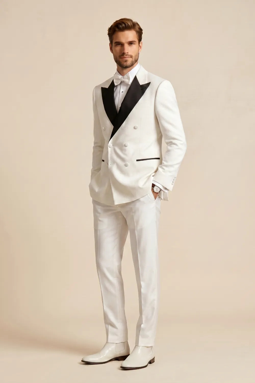 MANSSINO™ | Men's Black And White Double Breasted Peak Lapel Tuxedo