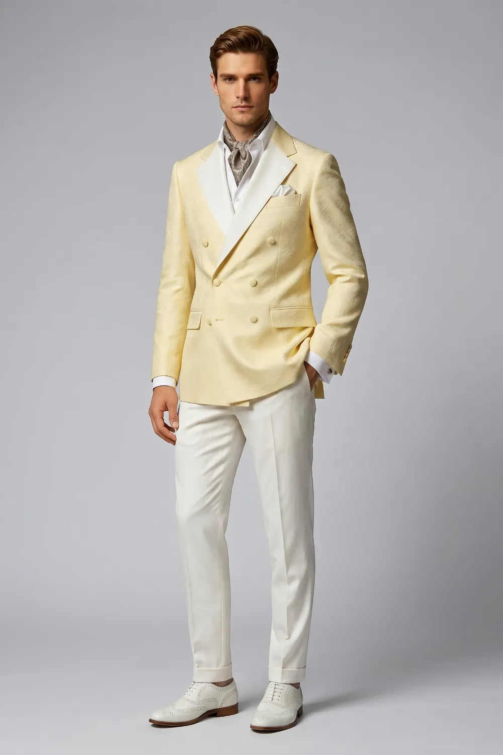 MANSSINO™ | Men's Cream Double-Breasted Jacquard 2-Piece Suit