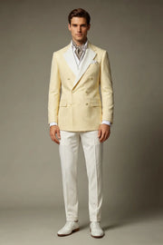 MANSSINO™ | Men's Cream Double-Breasted Jacquard 2-Piece Suit