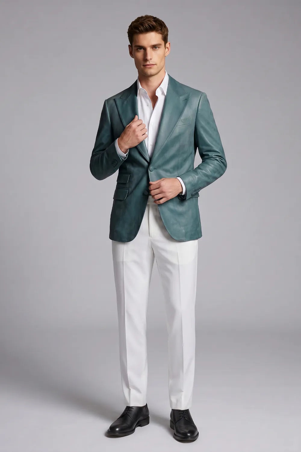 MANSSINO™ | Men's Teal Leather Peak Lapel 2-Piece Suit