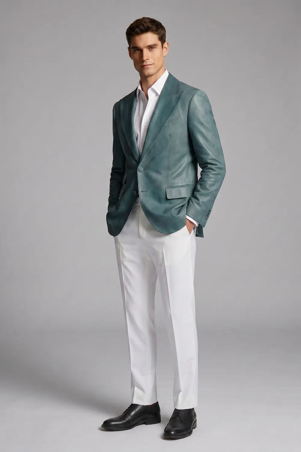 MANSSINO™ | Men's Teal Leather Peak Lapel 2-Piece Suit