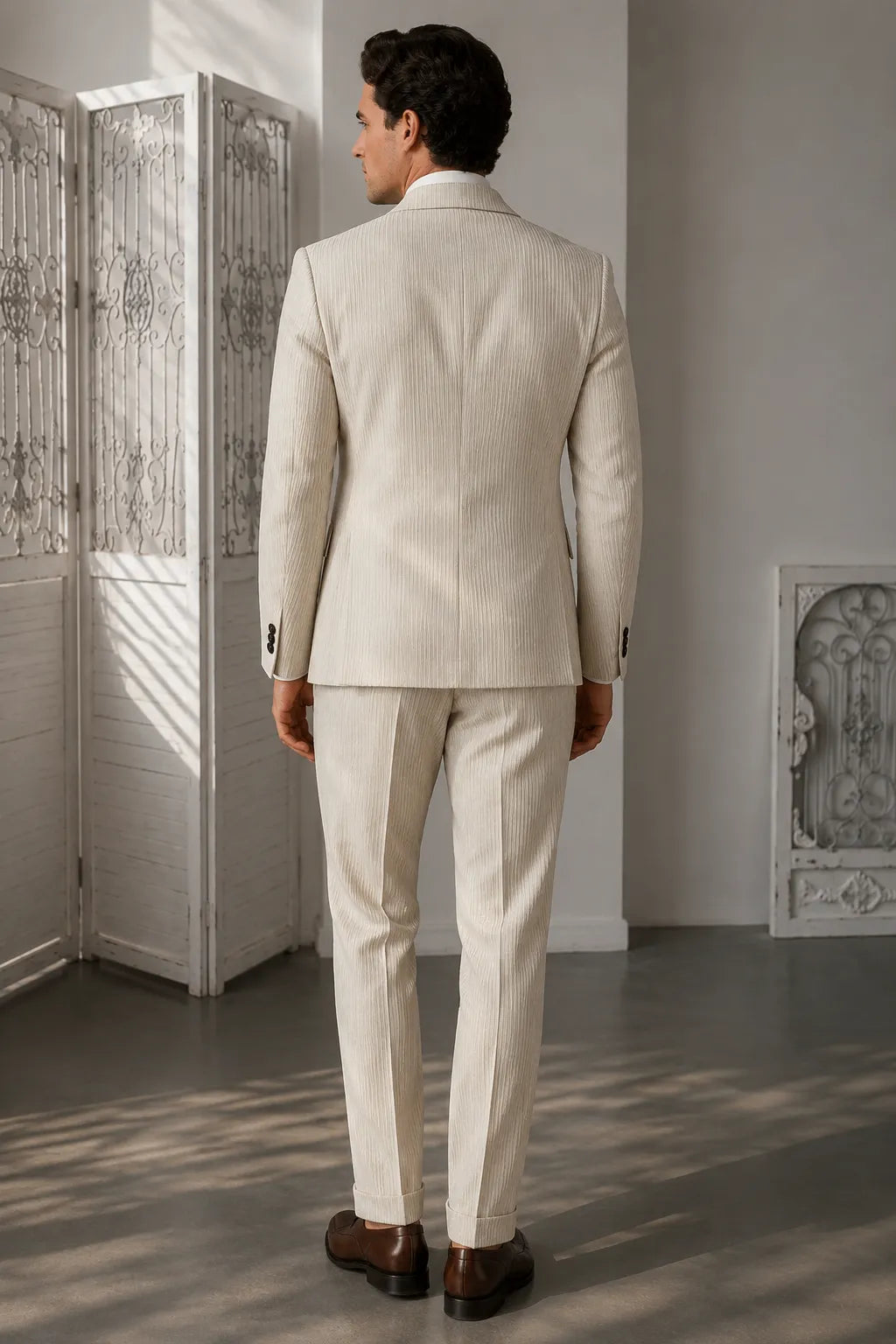 MANSSINO™ | Men's Cream Corduroy Pinstripe Double-Breasted 2-Piece Suit