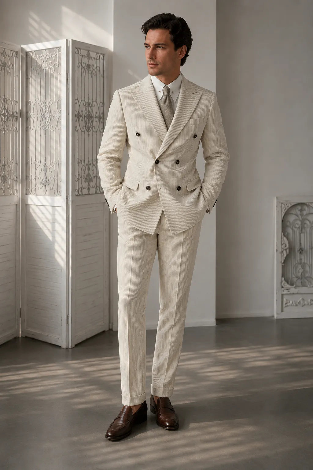 MANSSINO™ | Men's Cream Corduroy Pinstripe Double-Breasted 2-Piece Suit