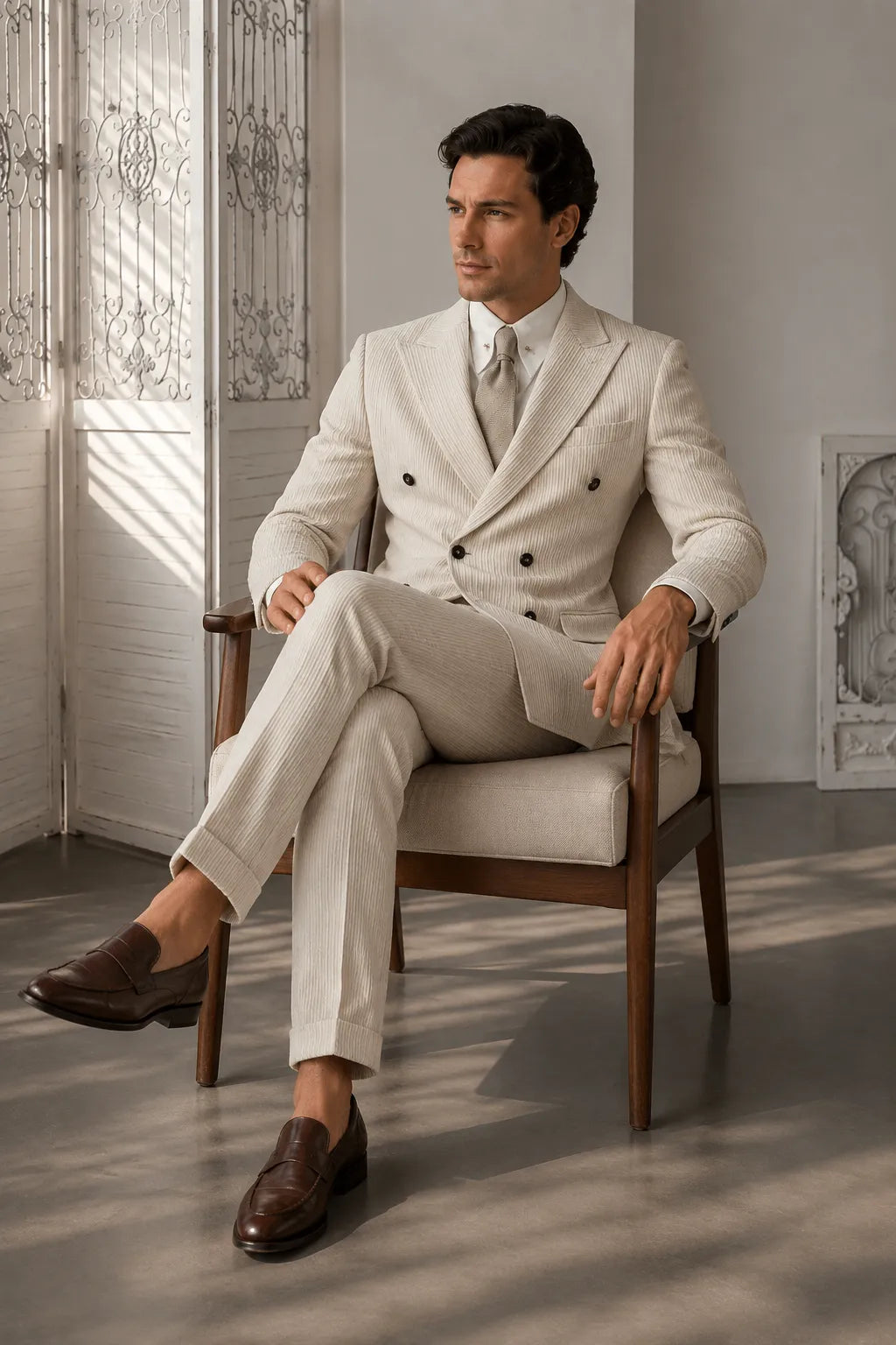 MANSSINO™ | Men's Cream Corduroy Pinstripe Double-Breasted 2-Piece Suit