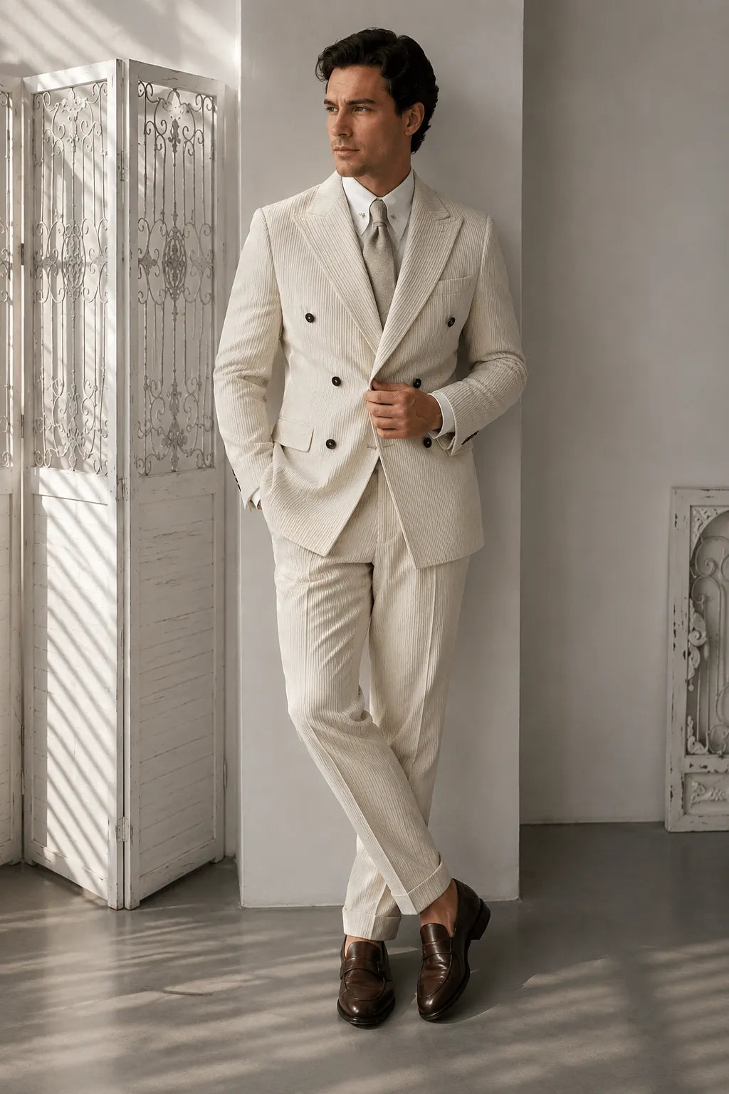 MANSSINO™ | Men's Cream Corduroy Pinstripe Double-Breasted 2-Piece Suit