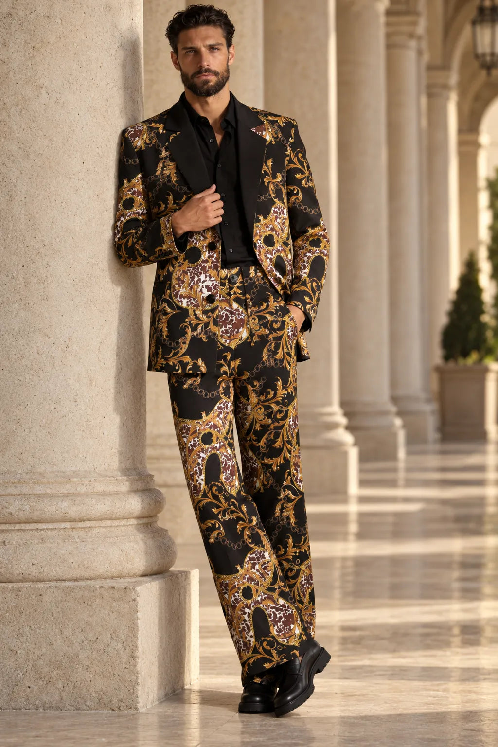 MANSSINO™ | Men's Gold Jacquard Baroque 2 Piece Tuxedo Suit