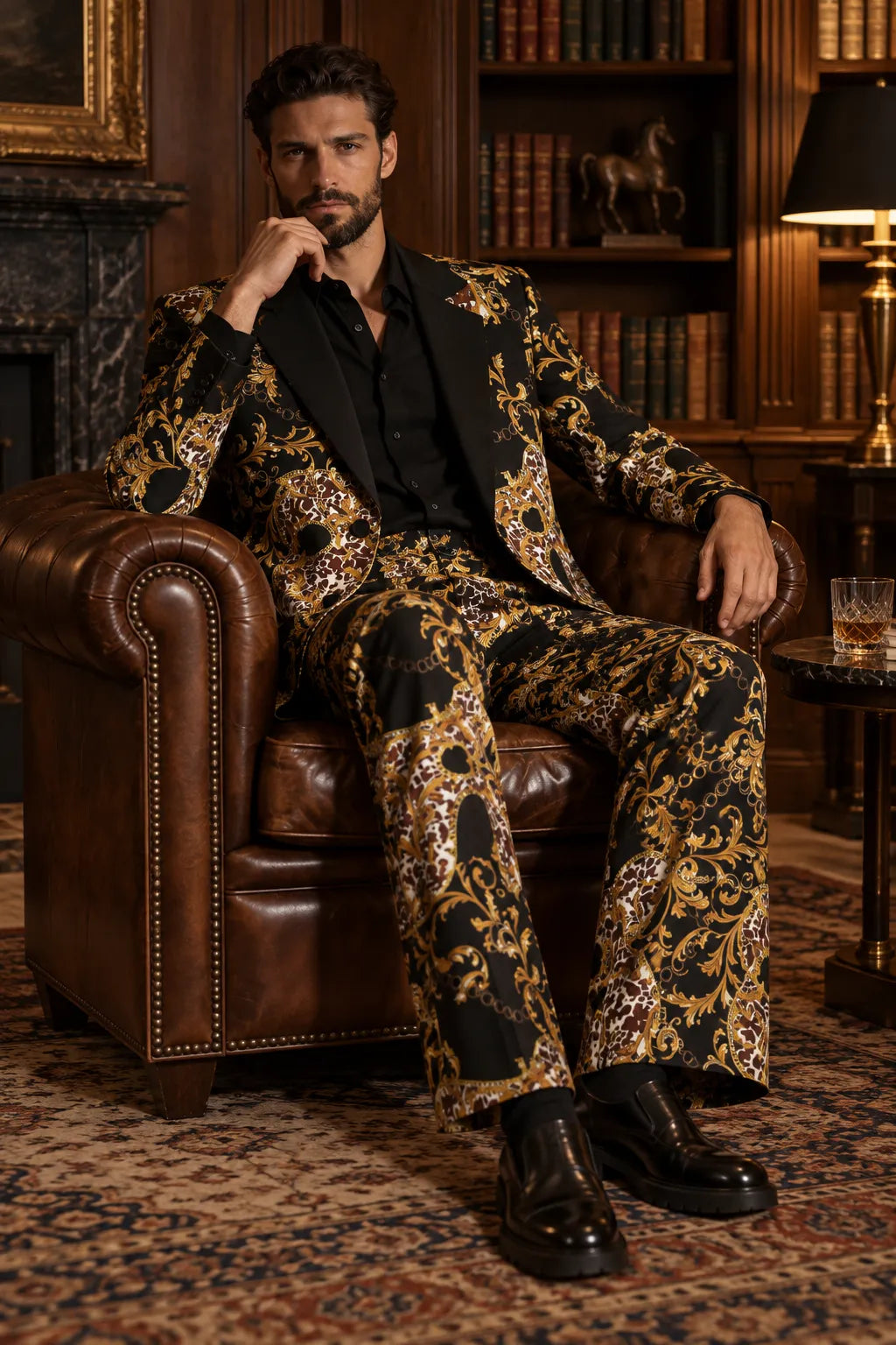 MANSSINO™ | Men's Gold Jacquard Baroque 2 Piece Tuxedo Suit