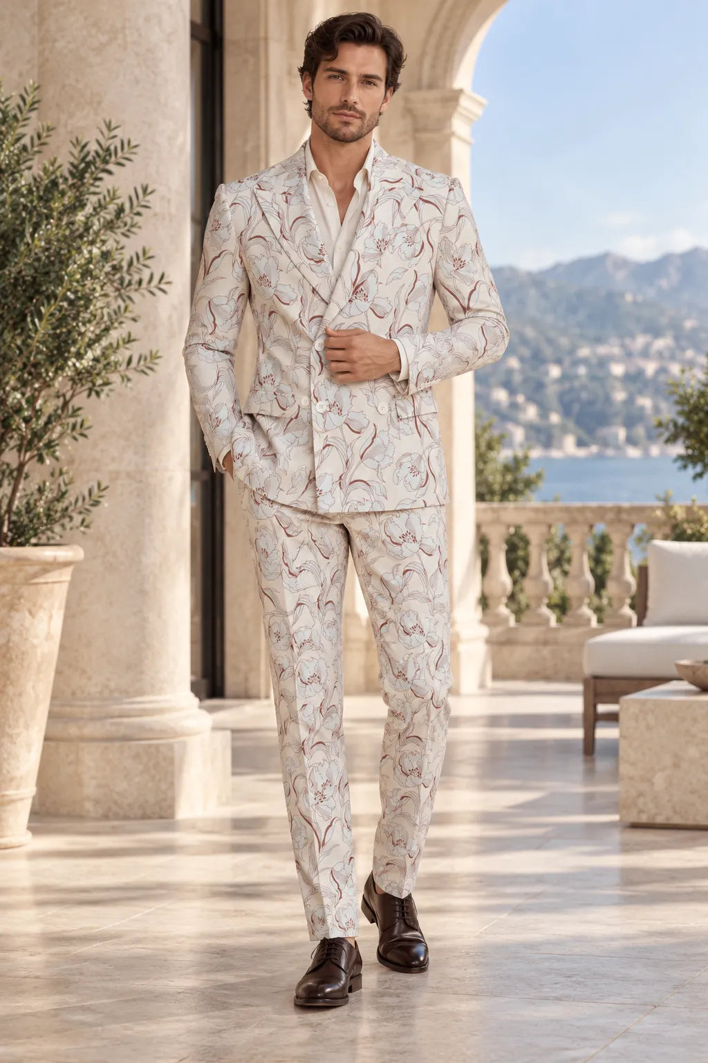 MANSSINO™ | Ivory Floral Double Breasted 2 Piece Suit
