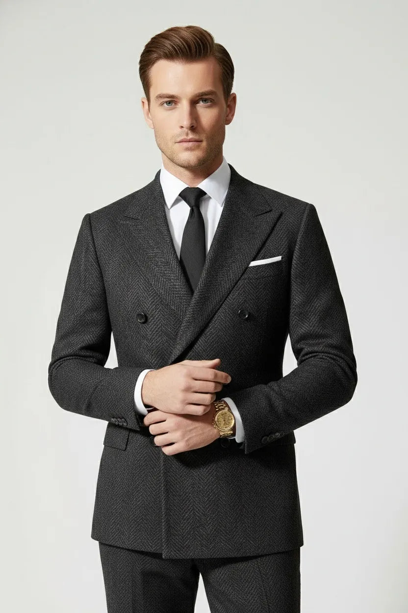 MANSSINO™ | Men's Double-Breasted Herringbone 2-Piece Suit