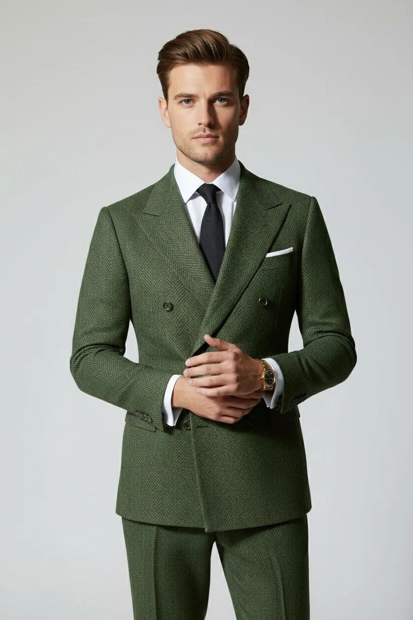 MANSSINO™ | Men's Double-Breasted Herringbone 2-Piece Suit