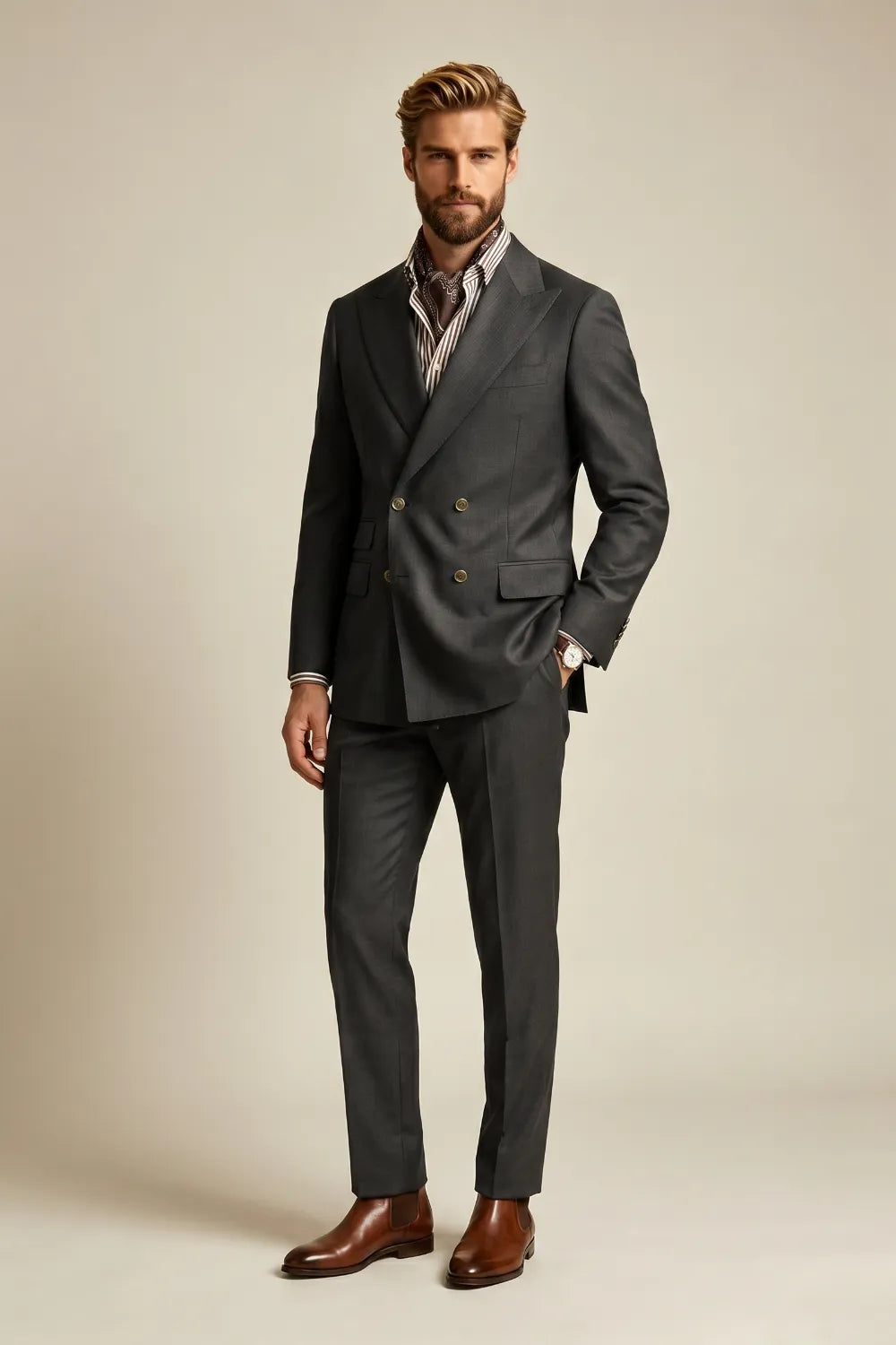MANSSINO™ | Men's Charcoal Double-Breasted 2-Piece Suit