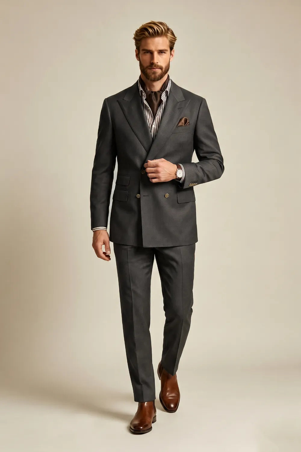 MANSSINO™ | Men's Charcoal Double-Breasted 2-Piece Suit