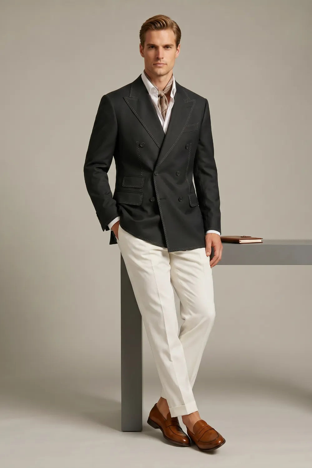 MANSSINO™ | Men's Black Textured Double-Breasted Two-Piece Suit with Peak Lapels