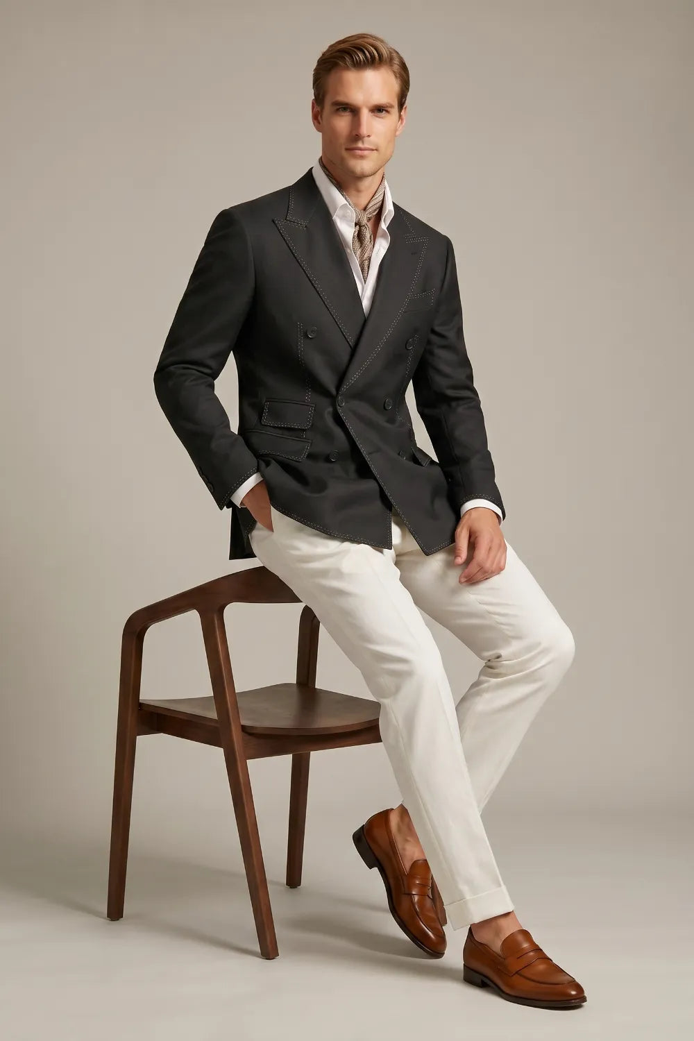 MANSSINO™ | Men's Black Textured Double-Breasted Two-Piece Suit with Peak Lapels