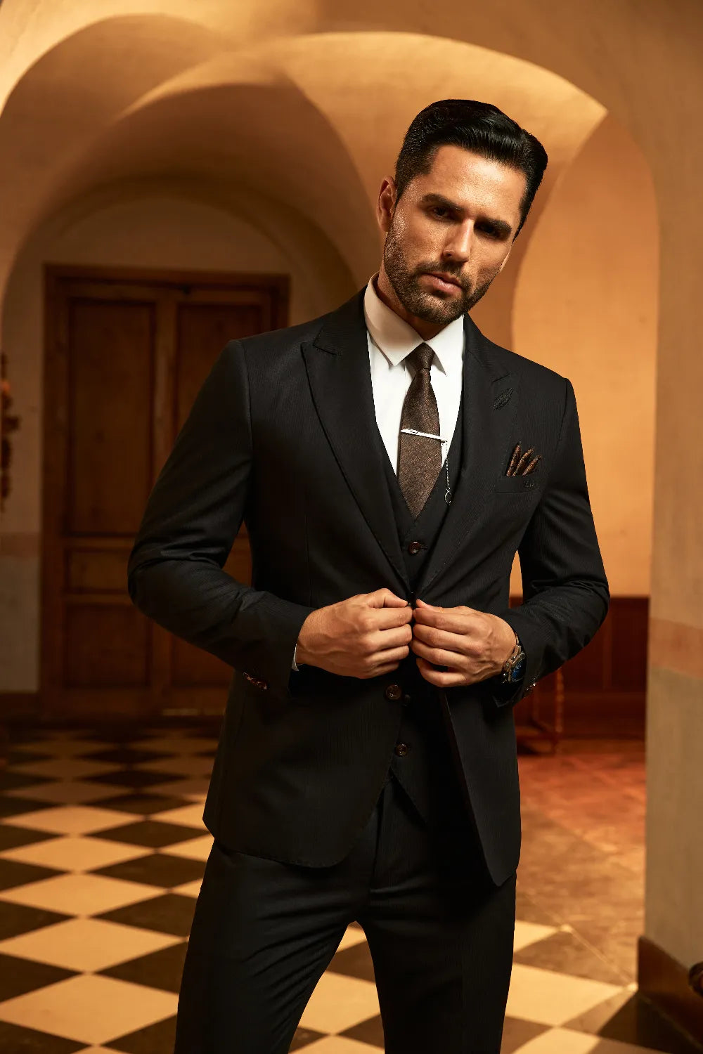 MANSSINO™ | Men's Black Peaked Lapel 3-Piece Suit