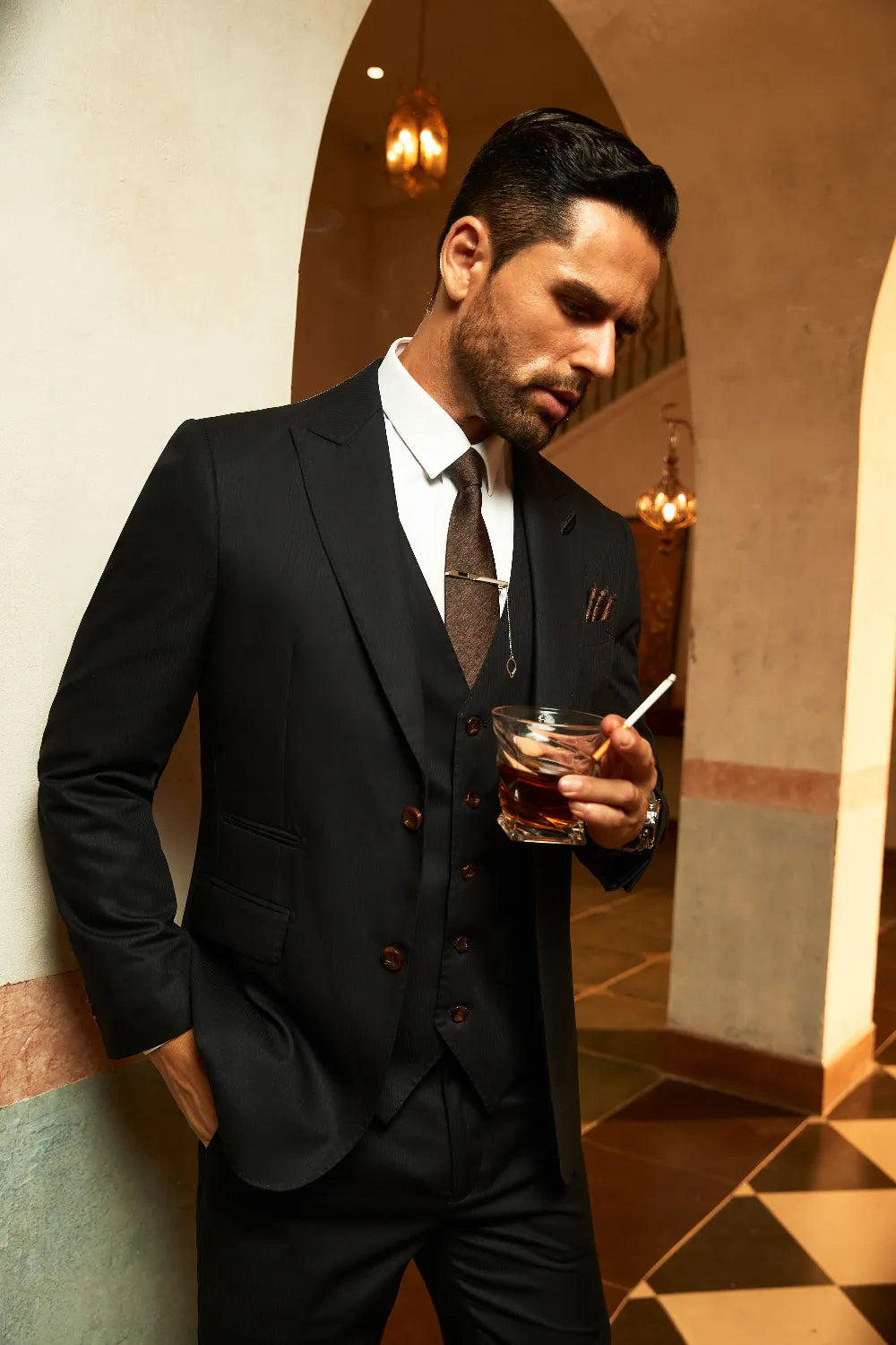 MANSSINO™ | Men's Black Peaked Lapel 3-Piece Suit