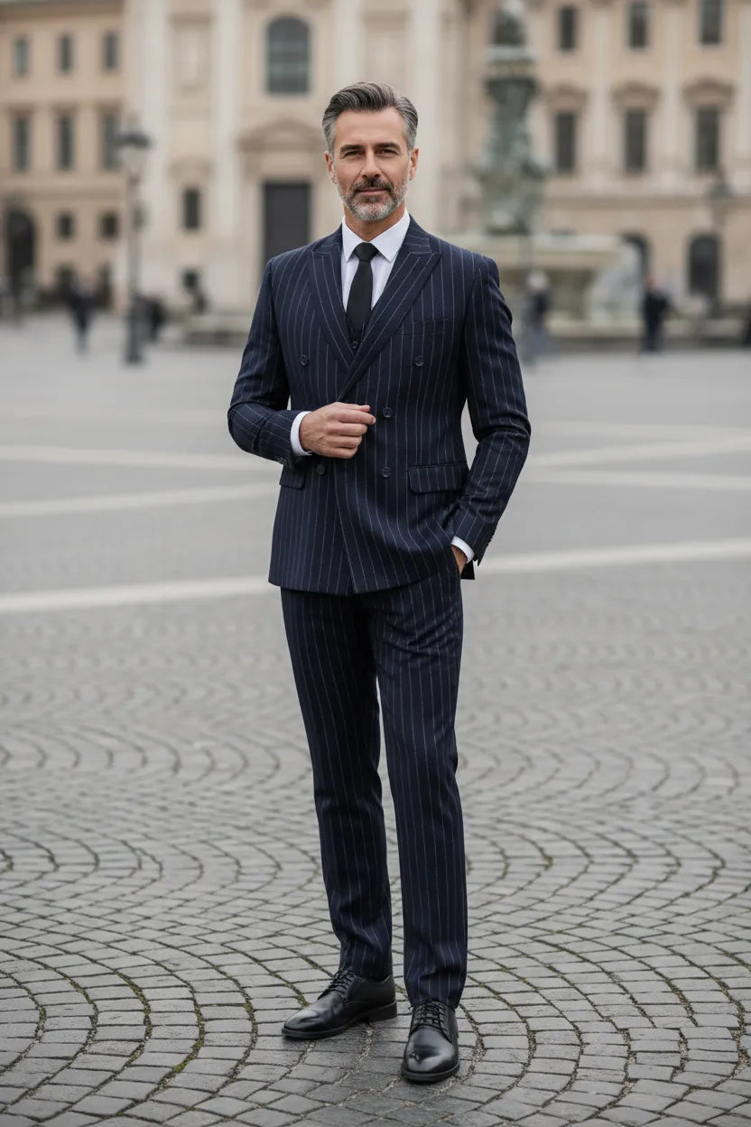 MANSSINO™ | Men's Classic Pinstripe Double-Breasted 3-Piece Suit