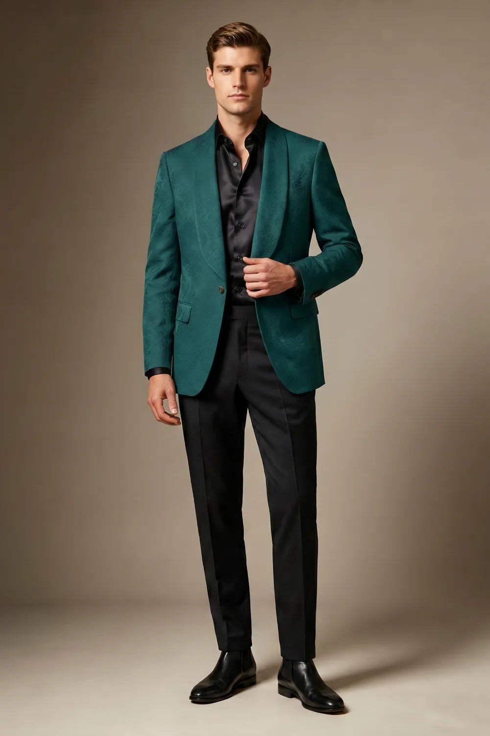 MANSSINO™ | Men's Emerald Green Jacquard Shawl Lapel 2-Piece Suit