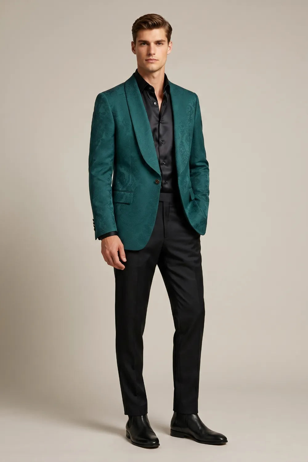 MANSSINO™ | Men's Emerald Green Jacquard Shawl Lapel 2-Piece Suit