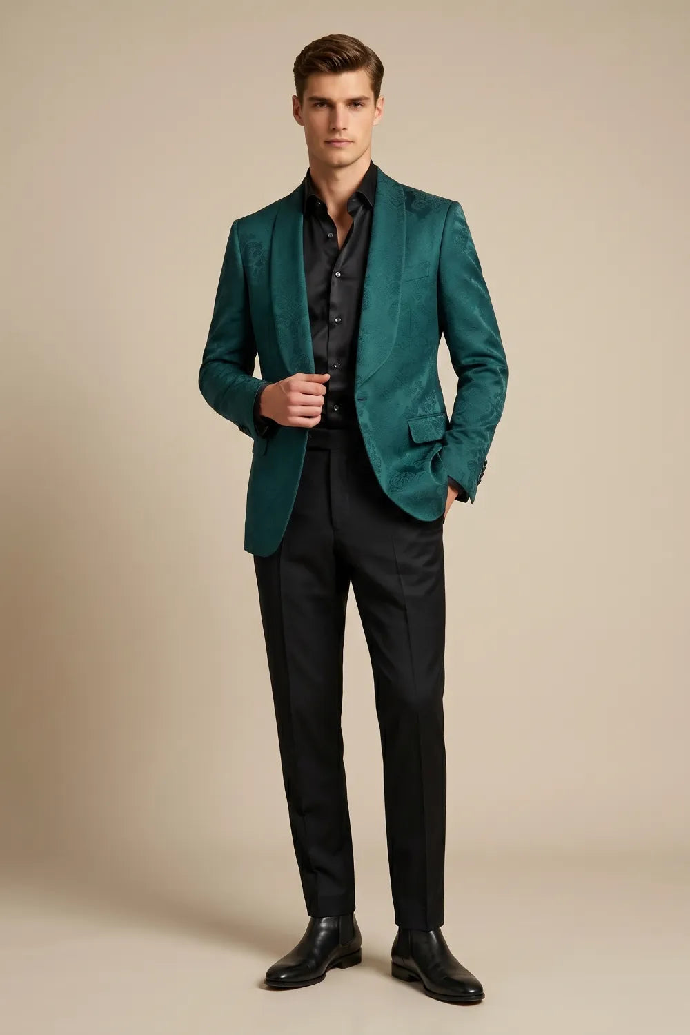 MANSSINO™ | Men's Emerald Green Jacquard Shawl Lapel 2-Piece Suit