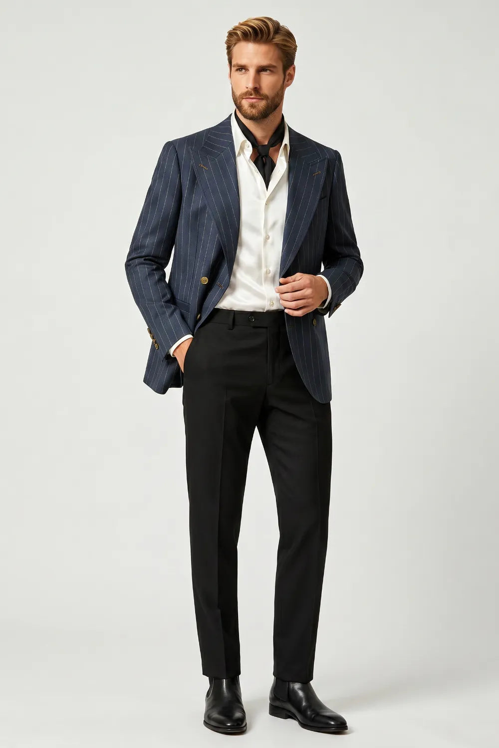 MANSSINO™ | Men's Navy Pinstripe Double Breasted 2 Piece Suit