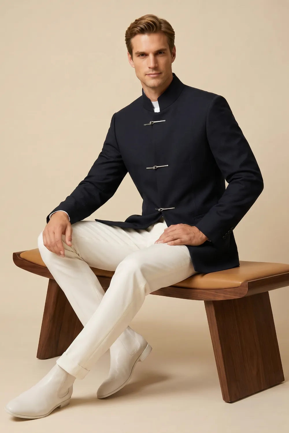MANSSINO™ | Men's Navy Mandarin Collar 2-Piece Suit