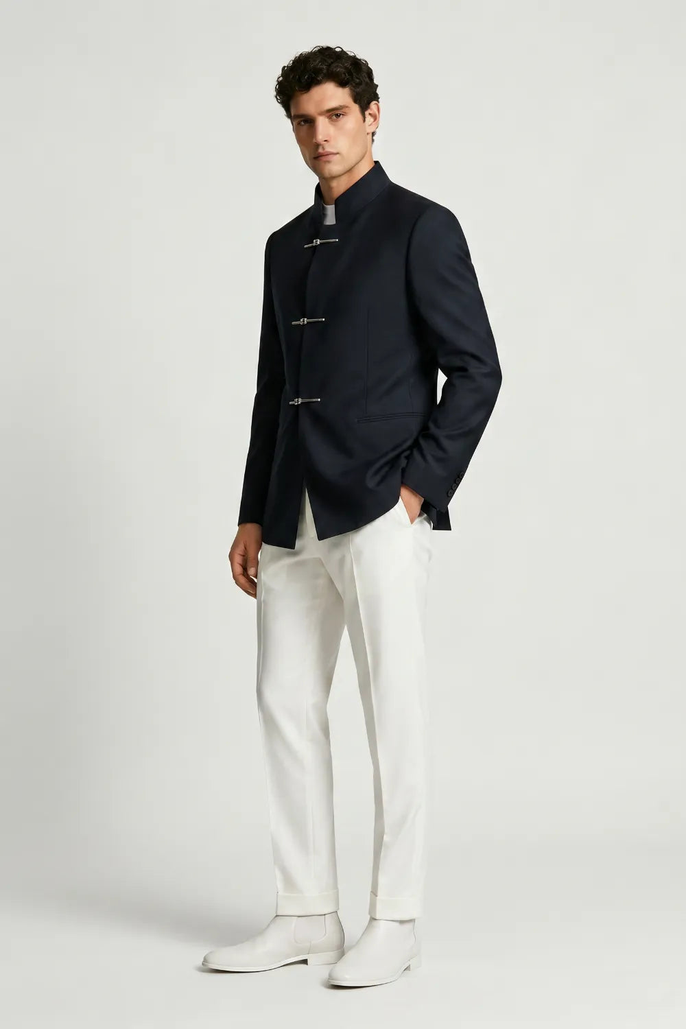 MANSSINO™ | Men's Navy Mandarin Collar 2-Piece Suit