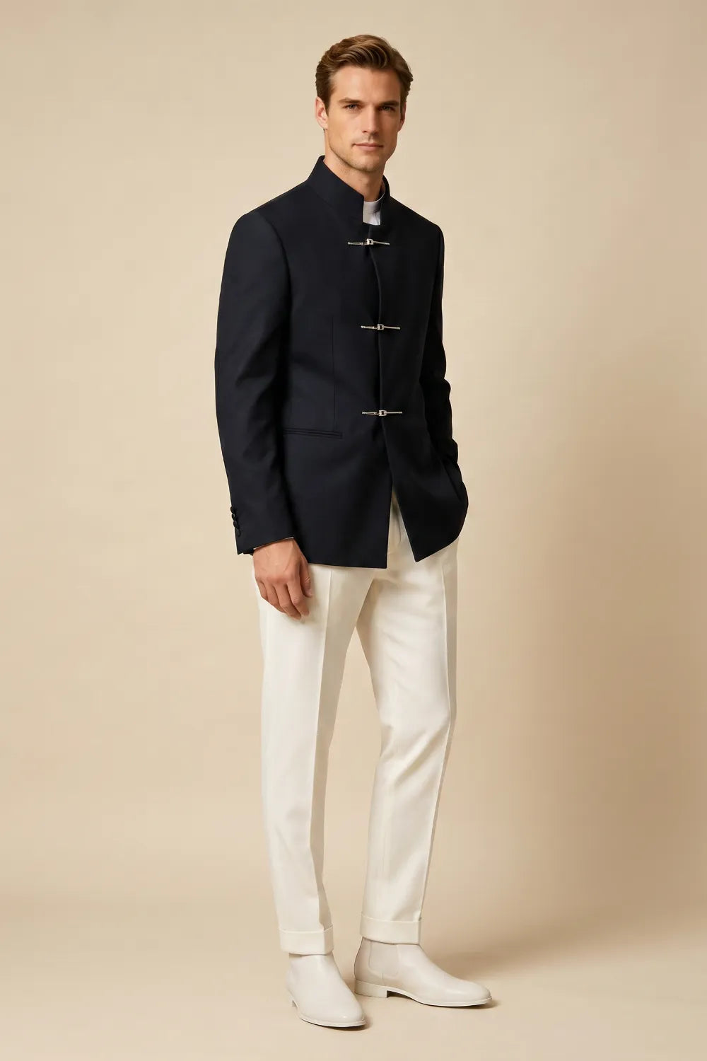 MANSSINO™ | Men's Navy Mandarin Collar 2-Piece Suit