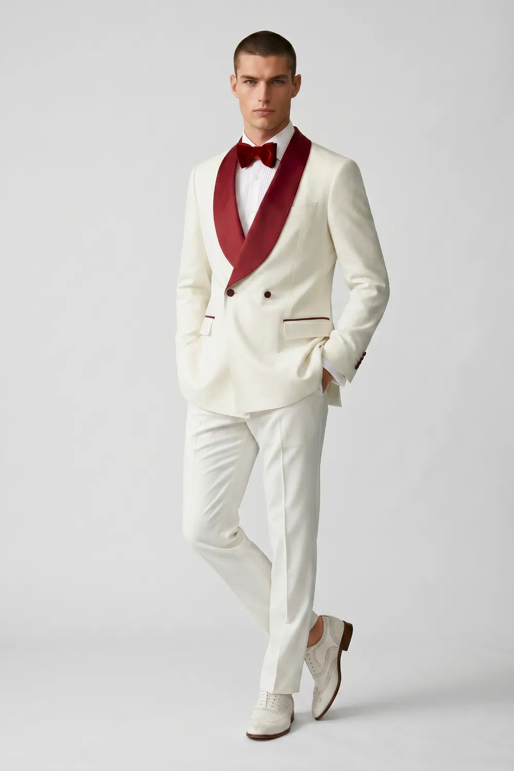 MANSSINO™ | Men's White and Red Double-Breasted Shawl-Lapel Tuxedo