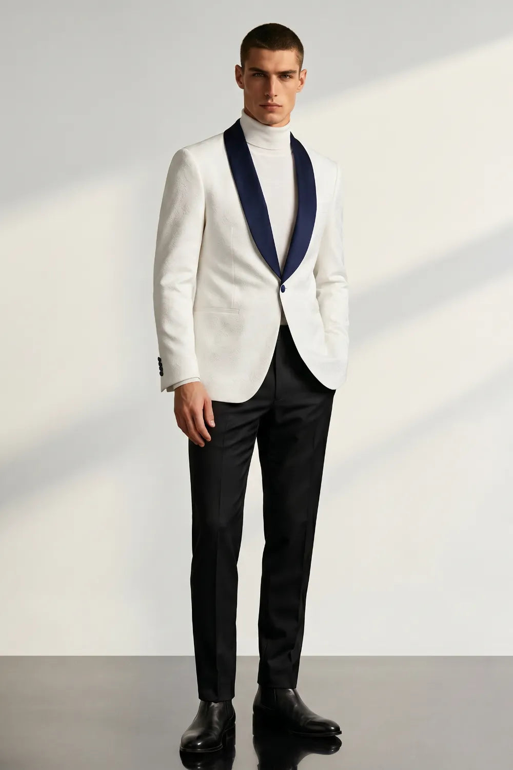 MANSSINO™ | Men's White Jacquard Navy Shawl Lapel 2-Piece Tuxedo Suit