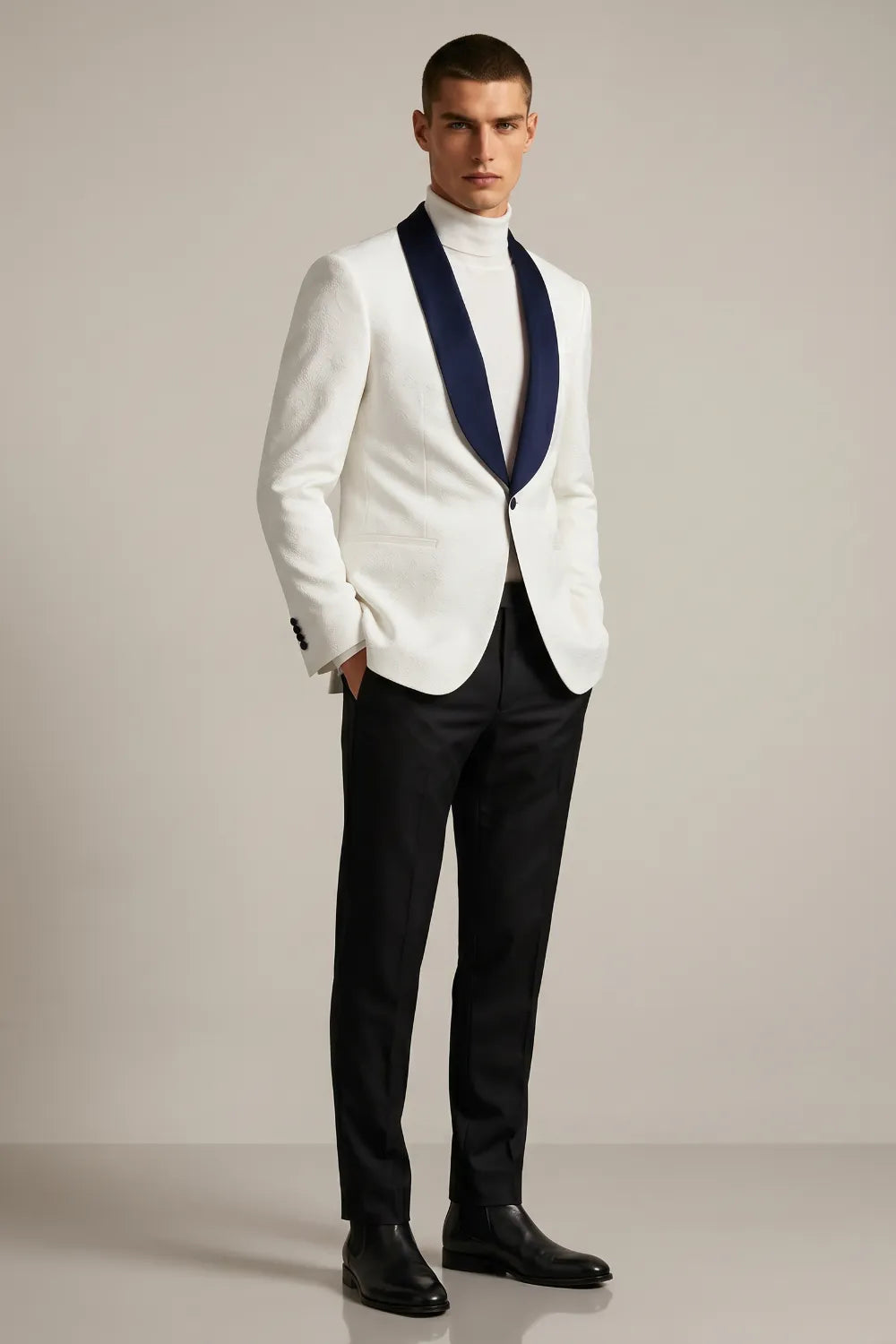 MANSSINO™ | Men's White Jacquard Navy Shawl Lapel 2-Piece Tuxedo Suit