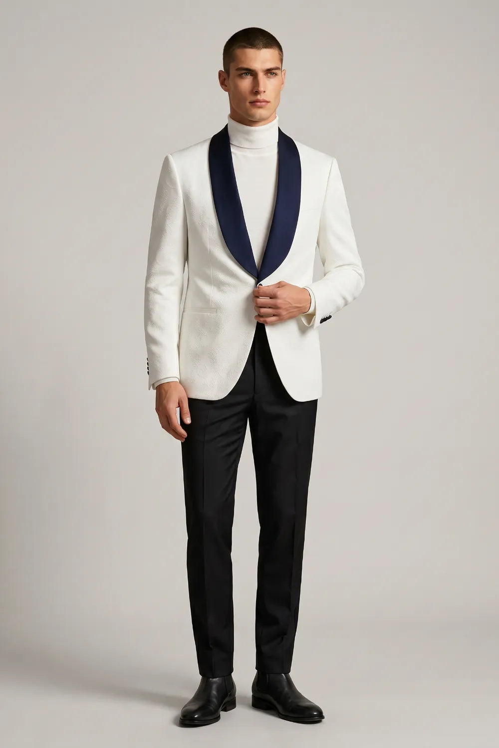 MANSSINO™ | Men's White Jacquard Navy Shawl Lapel 2-Piece Tuxedo Suit