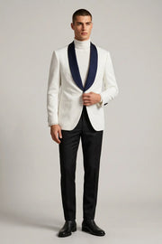 MANSSINO™ | Men's White Jacquard Navy Shawl Lapel 2-Piece Tuxedo Suit
