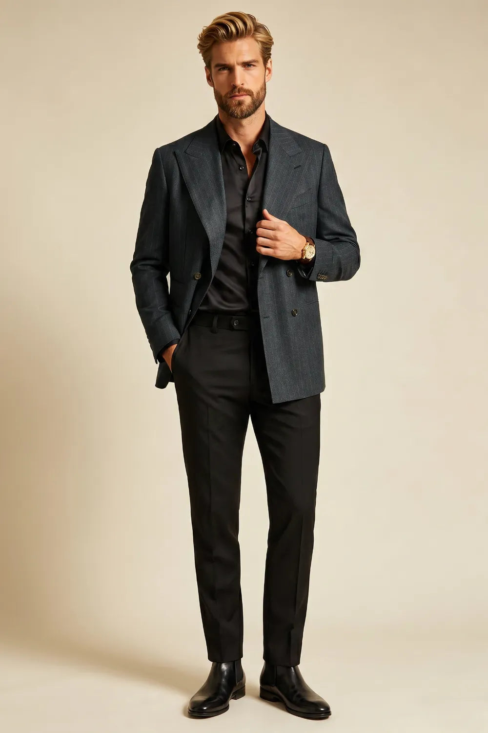 MANSSINO™ | Men's Charcoal Double-Breasted 2-Piece Suit