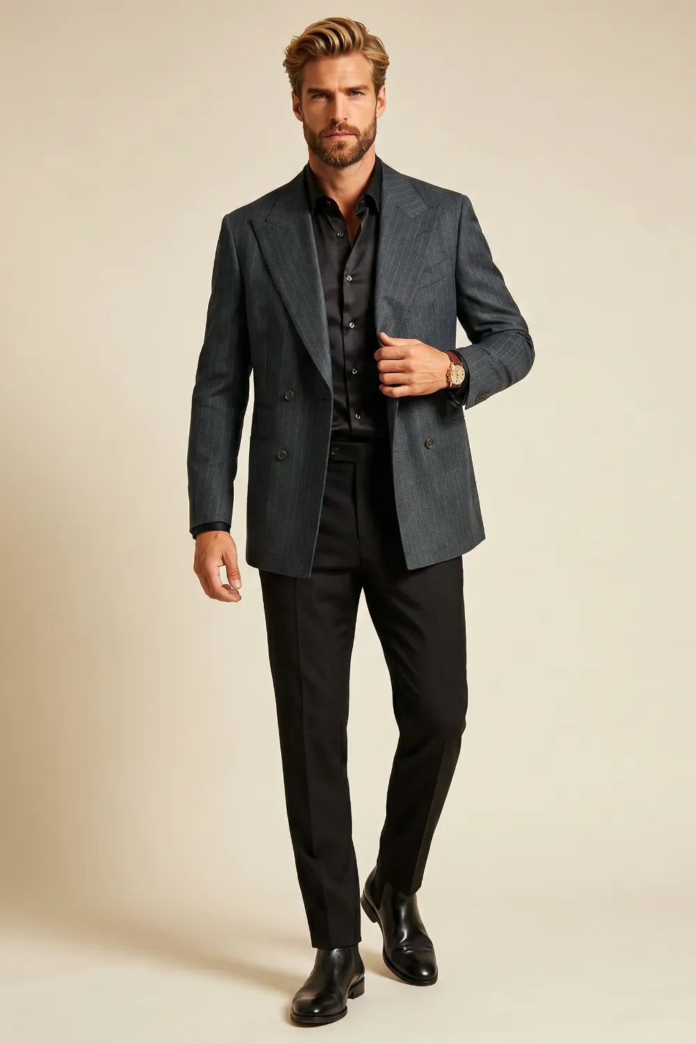 MANSSINO™ | Men's Charcoal Double-Breasted 2-Piece Suit