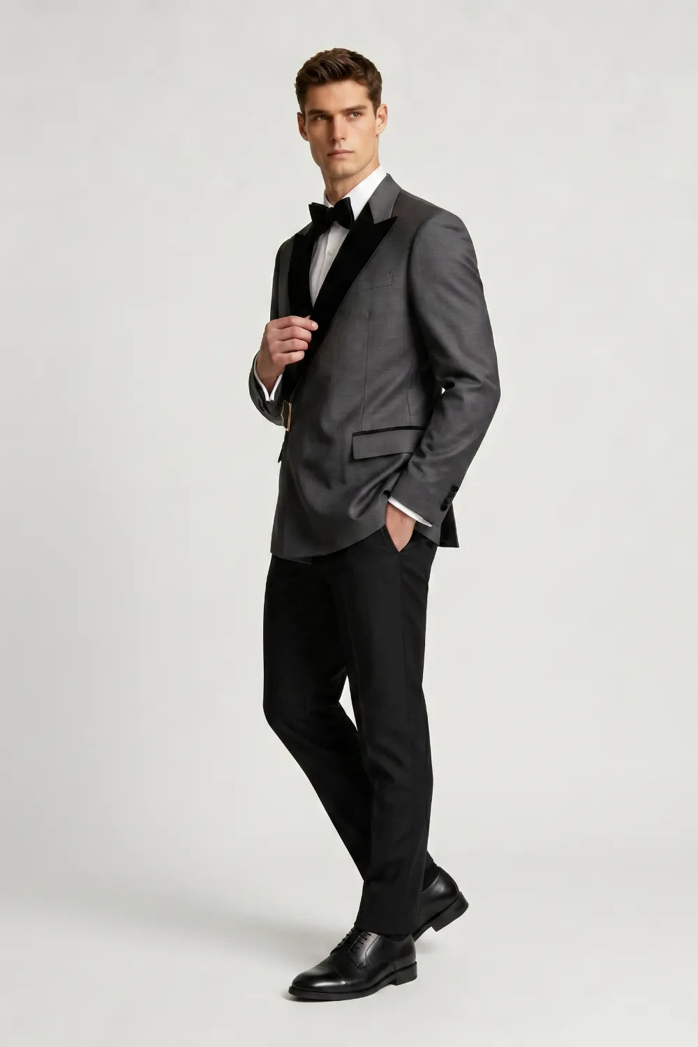 MANSSINO™ | Men's Charcoal Grey Peak Lapel Belted Tuxedo 2-Piece Suit
